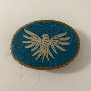 Vintage Thunderbird motif Alcapa crushed turquoise belt buckle from Mexico